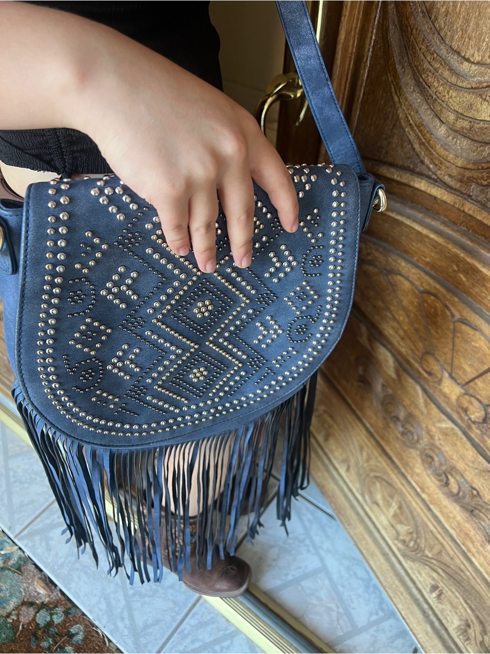 Fringed Studded Saddle Bag - Blue